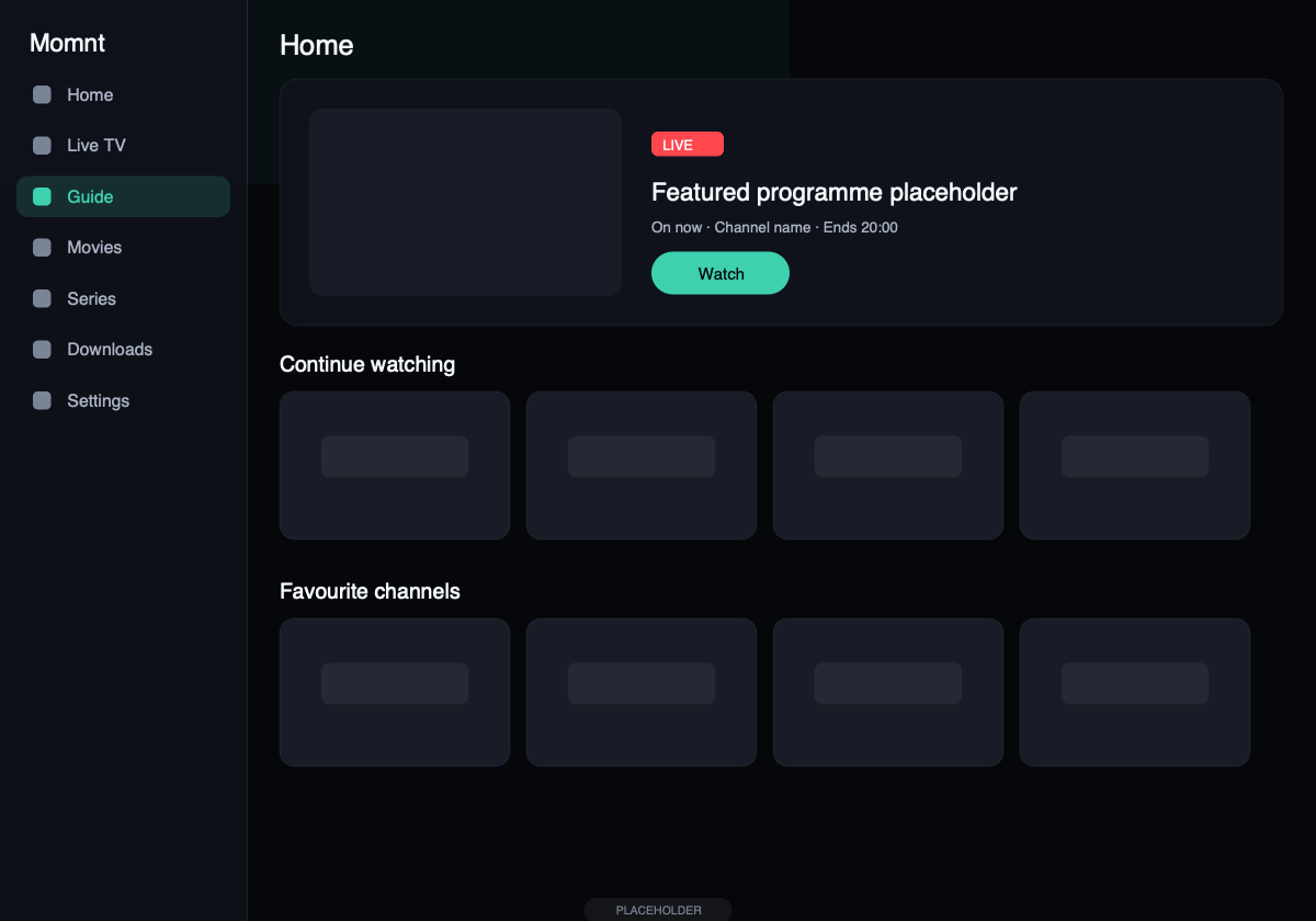 Momnt IPTV on iPad showing the home screen with sidebar navigation and wide content rails.
