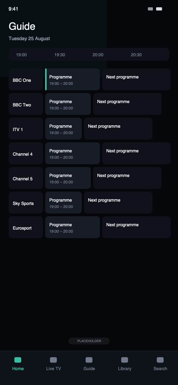 The Momnt IPTV programme guide on iPhone, listing channels down the left with programmes across a timeline.